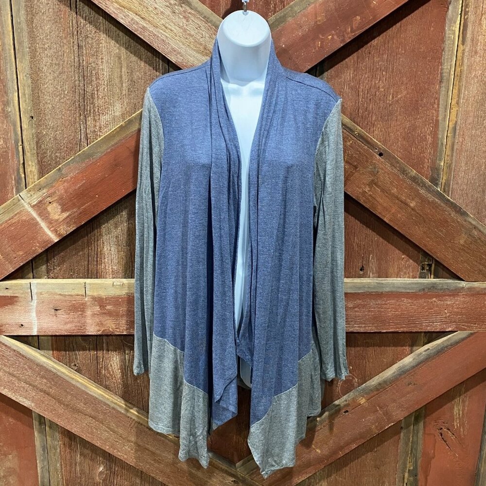 Sunday Cardigan Open Front Women Medium Blue Gray Colorblock Stretch Comfy‎ Cozy